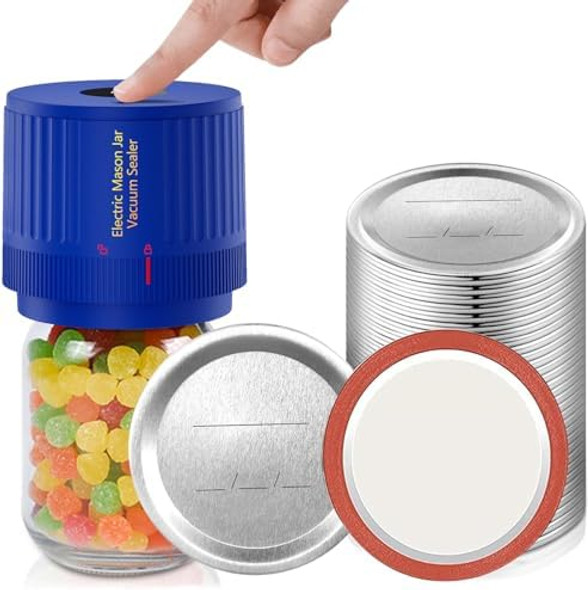 Electric Mason Jar Vacuum Sealer Kit Navy Blue & Mason Jar Lids And Rings 48Pcs/24 Sets For Wide Mouth Electric Mason Jar Vacuum Sealer Kit Navy Blue & Mason Jar Lids And Rings 48Pcs/24 Sets For Wide Mouth
