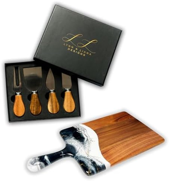 Lynn & Liana Medium Acacia Cheese Board With Acacia Wood Handled Cheese Knife Set Luxury Charcuterie Board And Knives For Serving 8 In X 16 In Navy White Metallic Handled Board Lynn & Liana Medium Acacia Cheese Board With Acacia Wood Handled Cheese Knife Set Luxury Charcuterie Board And Knives For Serving 8 In X 16 In Navy White Metallic Handled Board