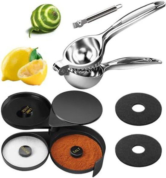 Lemon Squeezer With Zester + Margarita Salt Rimmer With 2 Sponges Metal Handheld Lemon Juicer Bar Salt And Sugar Rimmer For Drinks