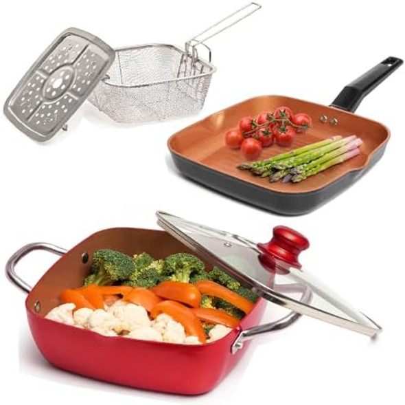 Moss & Stone 5 Pcs Copper Chef Cookware Set 9.5” Non Stick Deep Frying Pan Fry Basket Dishwasher & Oven Safe Induction Copper Cookware Set Bundle With Square Grill Pan For Indoor Cooking 9.5In Fr Moss & Stone 5 Pcs Copper Chef Cookware Set 9.5” Non Stick Deep Frying Pan Fry Basket Dishwasher & Oven Safe Induction Copper Cookware Set Bundle With Square Grill Pan For Indoor Cooking 9.5In Fr