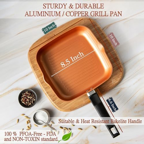 Moss & Stone 5 Pcs Copper Chef Cookware Set 9.5” Non Stick Deep Frying Pan Fry Basket Steamer Rack Dishwasher & Oven Safe Induction Copper Cookware Set Bundle With Square Grill Pan For Indoor Coo Moss & Stone 5 Pcs Copper Chef Cookware Set 9.5” Non Stick Deep Frying Pan Fry Basket Steamer Rack Dishwasher & Oven Safe Induction Copper Cookware Set Bundle With Square Grill Pan For Indoor Coo