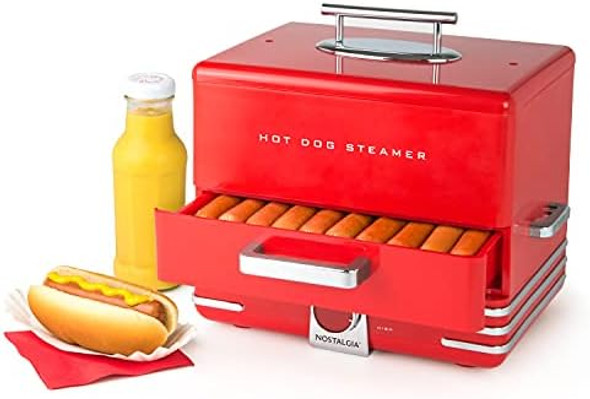 Nostalgia Extra Large Diner-Style Steamer 20 Hot Dogs And 6 Bun Capacity Perfect For Breakfast Sausages Brats Vegetables Fish Nostalgia Popcorn Maker 12 Cups Hot Air Popcorn Machine With Measuring Cap Oil Vintage Movie Theater Style White & Red