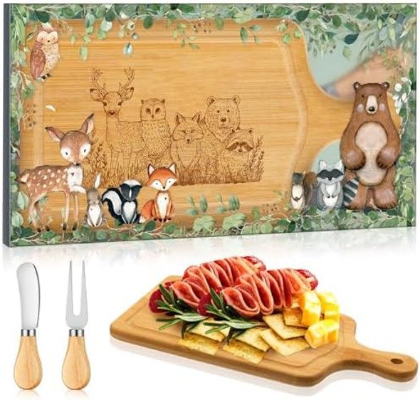 Nuenen Woodland Animals Baby Shower Prizes For Game Animal Cheese Board Set With Knives Forks In Box Baby Shower Party Favors For Guests Gender Reveal Birthday