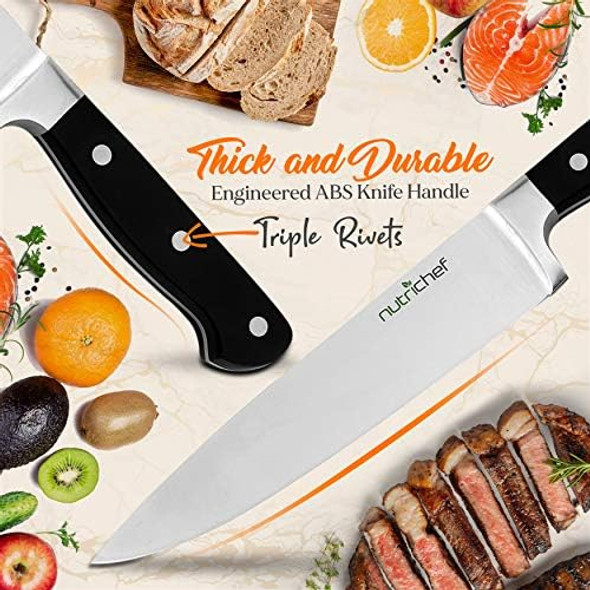 Nutrichefkitchen 13 Piece Kitchen Knife Set-German Stainless Steel Kitchen Precision Knives Set W/ 6 Steak Knives & Bonus Scissors Wooden Block Stand W/ Sharpener-Slicing Chopping Dicing -Nckns13.5