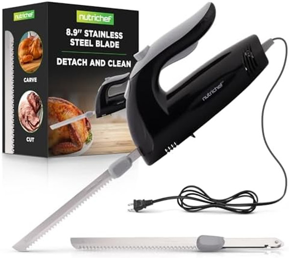 Nutrichef d Premium Electric Knife - 8.9" Carving Knife Serrated Blades Lightweight Ergonomic Design Easy Grip Easy Blade Removal Great For Thanksgiving Meat & Cheese Black - Pkelkn8