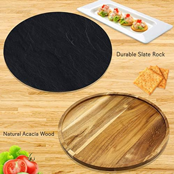 Nutrichef Jp Cons Catalog Master Rotating Lazy Susan Cheese Board-12 Inch Diameter Acacia Wood Platter Turntable Serving Set W/Slate Stone Platestainlesssteel Cutting Knivesfor Picnic Pkczbd40