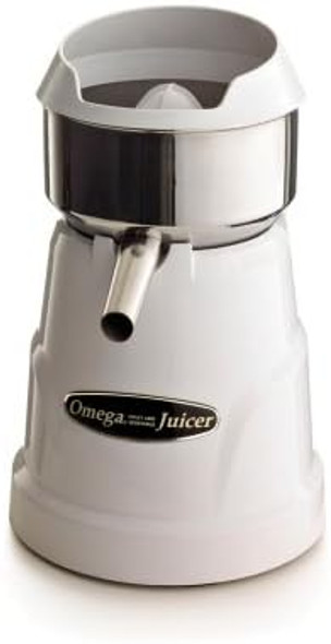 Omega C-10W Professional Citrus Juicer Features 3 Juice Cones For All Citrus Sizes 150 Rotations Per Minute Surgical Steel Bowl And Pulp Strainer With Non-Slip Feet White