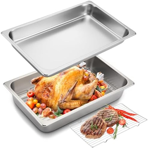3 Pack Stainless Steel Roasting Pan Steam Table Pan Set With Rack Multifunctional Full Size Food Container With Mini Cooling Grid Rack Supply For Kitchen Restaurant Turkey Bbq Buffet Party