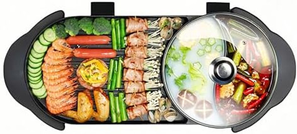 Hot Pot With Grill 2000W Electric Smokeless Indoor Grill And Hot Pot 2-In-1 Korean Bbq Grill And Shabu Shabu Pot With Separate Temperature Control Hot Pot With Divider Non-Stick