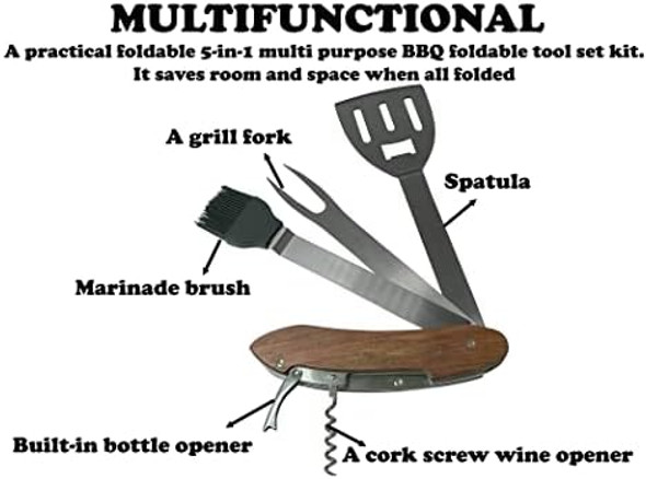 Caliber Gourmet 5-In-1 Multi Tool Bbq Barbecue Grill Accessories Tools Set Kit Camping Accessories Grilling Parties Detachable Includes Brush Spatula Fork Bottle Opener Wine Corkscrew
