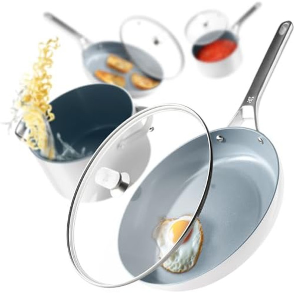 Greater Goods Savvy Ceramic Nonstick Cookware Set And Cold Press Juicer Bundle (Birch White/Sage Green)