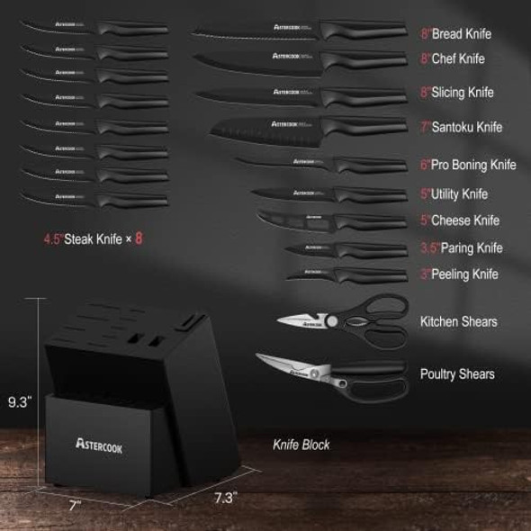 Knife Set Astercook 21 Pieces Knife Sets For Kitchen With Block Dishwasher Safe Kitchen Knife Set With Built-In Sharpener German Stainless Steel Black Knife Block Set
