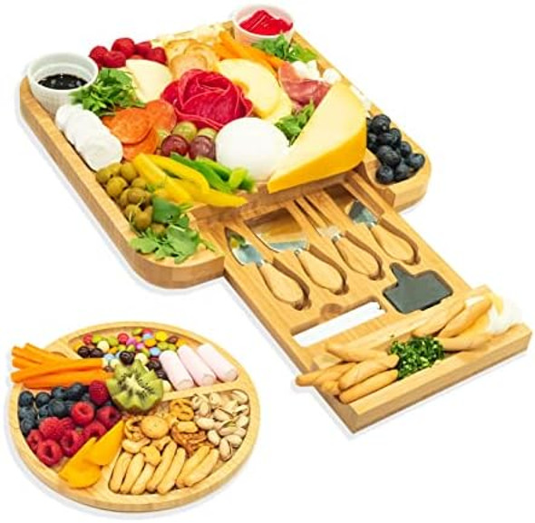 Ayeeko Bamboo Cheese Board & Knife Set Wooden Charcuterie Board & Tray House Warming For Holidays Birthdays Bridal Showers Anniversaries & Weddings Ayeeko Bamboo Cheese Board & Knife Set Wooden Charcuterie Board & Tray House Warming For Holidays Birthdays Bridal Showers Anniversaries & Weddings
