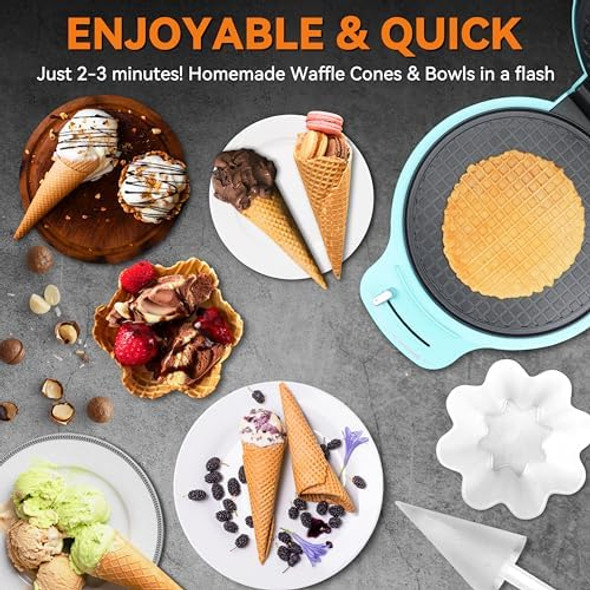 Baker'S Friend Waffle Cone Maker Machine With Browning Control Nonstick Waffle Bowl Maker 7.5” Ice Cream Cone Maker Thin Waffle Maker Crispy Cone Roller & Bowl Press Included Graphite
