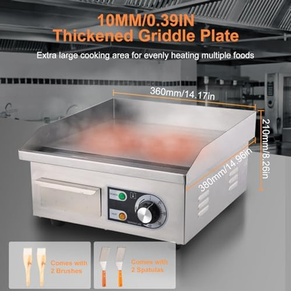 Commercial Electric Griddle 14" Electric Countertop Flat Top Griddle1600W 110V Non-Stick Electric Flat Top Grill Stainless Steel Teppanyaki Grill122℉-572℉ Adjustable Temperature For Restaurant Home Commercial Electric Griddle 14" Electric Countertop Flat Top Griddle1600W 110V Non-Stick Electric Flat Top Grill Stainless Steel Teppanyaki Grill122℉-572℉ Adjustable Temperature For Restaurant Home