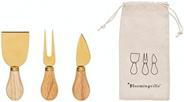 Bloomingville Stainless Steel Utensils With Oak Wood Handles Gold Finish Set Of 3 Cheese Knives 5" L X 2" W X 1" H Natural Bloomingville Stainless Steel Utensils With Oak Wood Handles Gold Finish Set Of 3 Cheese Knives 5" L X 2" W X 1" H Natural