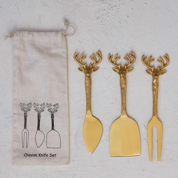Creative Co-Op Reindeer Handle Brass Cheese Knives Brass Set Of 3