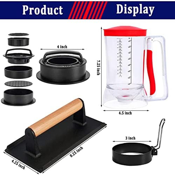 Breakfast Kit For Blackstone Grill 7 Piece Griddle Accessories Set - Including Pancake Batter Dispenser Bacon Press Egg Rings Hamburger Press Patty Maker