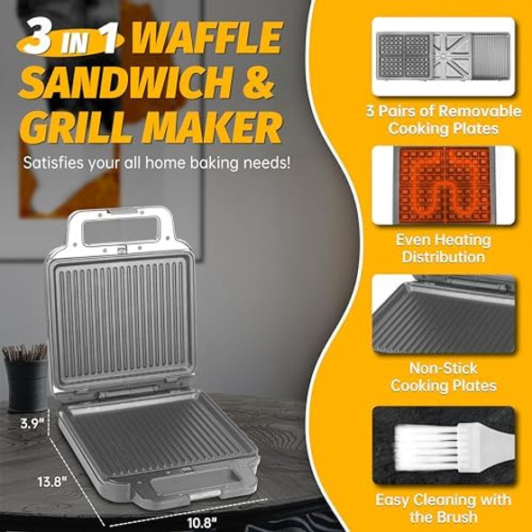 Panini Grill Press Breakfast Sandwich Maker 3 In 1 Electric Griddle Panini Press Grilled Cheese Maker Sandwichera Electrica Belgian Waffle Maker With Removable Plates