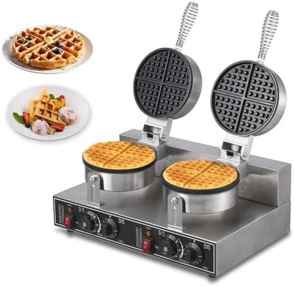 Garveehome Commercial Double Heads Waffle Maker Machine 110V 2600W Non-Stick Stainless Steel Round Waffle Iron Maker For Restaurant Garveehome Commercial Double Heads Waffle Maker Machine 110V 2600W Non-Stick Stainless Steel Round Waffle Iron Maker For Restaurant