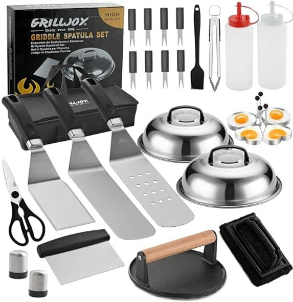 Grilljoy Professional Griddle Accessories Kit Set With Smash Burger Press - Extra Thick Grill Spatula Turner Flipper - 28Pcs Flat Top Grill Tools Kit For Outdoor Barbecue Teppanyaki Camping Cooking