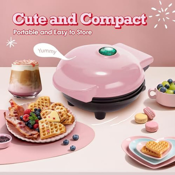 Mini Waffle Maker With 6 Removable PlatesSmall Heart Waffle Maker Keto3-In-1 Multi-Plate SetWafflera Iron For Kids Family&Individuals4'' Non Stick Cooking Plates With Fast & Even Heating(Pink)