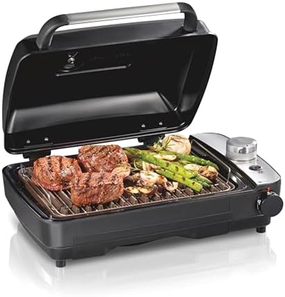Hamilton Beach Electric Indoor Grill With Hot And Cold Smoke Infuser 150°F - 450°F Temperature Control For Searing Vented Hood And Fan 116 Sq. In. Non-Stick Cooking Surface Black (25375) Hamilton Beach Electric Indoor Grill With Hot And Cold Smoke Infuser 150°F - 450°F Temperature Control For Searing Vented Hood And Fan 116 Sq. In. Non-Stick Cooking Surface Black (25375)