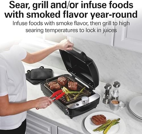 Hamilton Beach Electric Indoor Grill With Hot And Cold Smoke Infuser 150°F - 450°F Temperature Control For Searing Vented Hood And Fan 116 Sq. In. Non-Stick Cooking Surface Black (25375) Hamilton Beach Electric Indoor Grill With Hot And Cold Smoke Infuser 150°F - 450°F Temperature Control For Searing Vented Hood And Fan 116 Sq. In. Non-Stick Cooking Surface Black (25375)