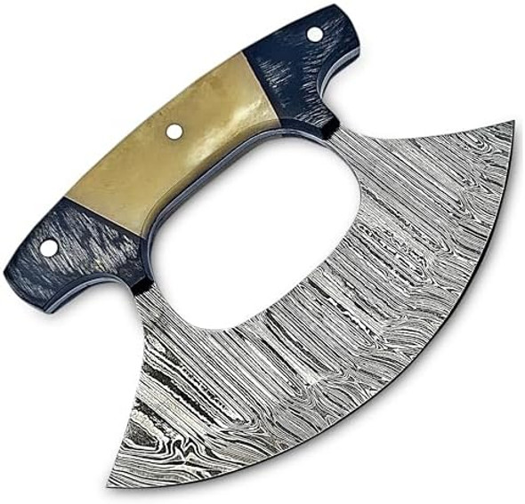 Damascus Ulu Pizza Cutter Rocker Knife With Sheath - Mezzaluna For Slicing Chopping Camping Outdoor Use - Wood & Bone Handle