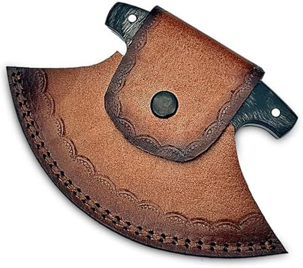 Damascus Ulu Pizza Cutter Rocker Knife With Sheath - Mezzaluna For Slicing Chopping Camping Outdoor Use - Wood & Bone Handle