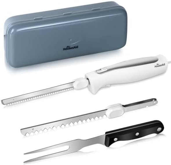 Electric KnifeElectric Carving Knife Set With Two Serrated Stainless Steel BladesCarving ForkWith Non Slip HandleSafety Lock And Storage Case For MeatBread FishOther And Foods. Electric KnifeElectric Carving Knife Set With Two Serrated Stainless Steel BladesCarving ForkWith Non Slip HandleSafety Lock And Storage Case For MeatBread FishOther And Foods.
