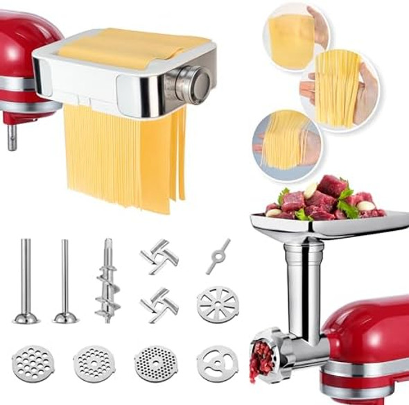 Meat Grinder & Pasta Maker Attachment For All Kitchenaid Stand MixersKitchen Aid Mixer Accessories Includes Metal Meat Grinder With Sausage Stuffer Tubesand And Pasta Maker Attachment 3 In 1 Set