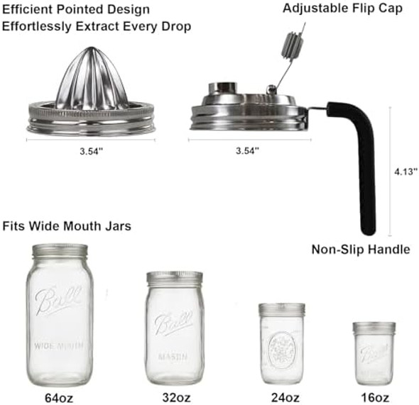 Stainless Steel Mason Jar Pour Spout & Juicer Lid Reusable Leaking Proof Flip Cap With Handle Citrus Reamer For Wide Mouth Jars - Includes Bottle Cleaning Brush Stainless Steel Mason Jar Pour Spout & Juicer Lid Reusable Leaking Proof Flip Cap With Handle Citrus Reamer For Wide Mouth Jars - Includes Bottle Cleaning Brush