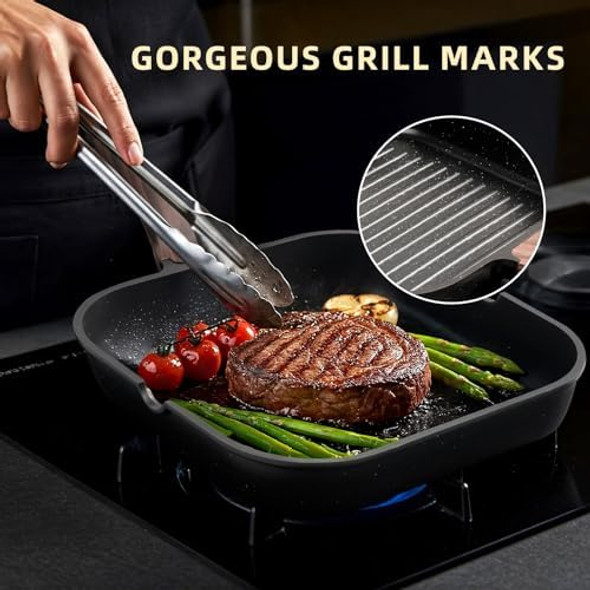 Kikcoin Nonstick Grill Pan For Indoor Cooking，9.5 Inch Versatile Griddle For Stove Tops Steak Pan With Pour Spouts