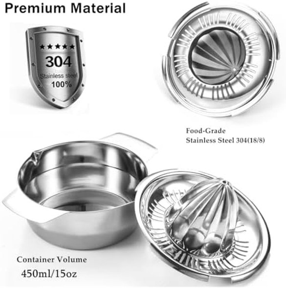 Manual Lemon Lime Orange Juicer Squeezer 304 Stainless Steel Citrus Press With 15Oz Bowl ＆2 Pour Mouths Slots Strainer Robust Metal Hand Juicer For Small Grapefruit Dishwasher Safe (Silver)