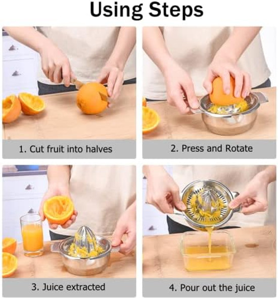 Manual Lemon Lime Orange Juicer Squeezer 304 Stainless Steel Citrus Press With 15Oz Bowl ＆2 Pour Mouths Slots Strainer Robust Metal Hand Juicer For Small Grapefruit Dishwasher Safe (Silver)