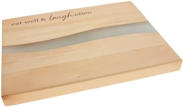 Pavilion Company - Eat Well & Laugh Often - 9" X 7" Serving Cheese Bread Wooden & Resin Board With Brushed Silver Spreader Knife Set Housewarming Hostess Host Charcuterie Present