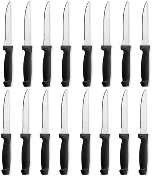 Pleafind 16-Pcs Steak Knives 8.5 Inch Serrated Knives Stainless Steel Steak Knives Meat Knife For Table Elegant Black Steak Knife Set For Home Kitchen Restaurant Dishwasher Safe