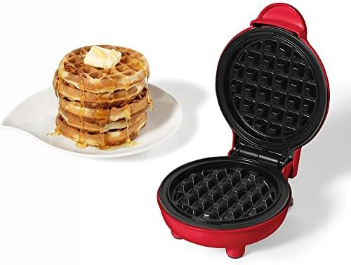 Starfrit Electric Mini Waffle Maker 4" Non-Stick Cooking Surface Easy To Use & Clean 350W Red