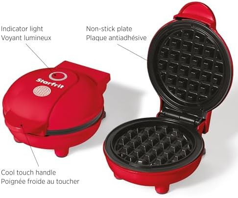 Starfrit Electric Mini Waffle Maker 4" Non-Stick Cooking Surface Easy To Use & Clean 350W Red