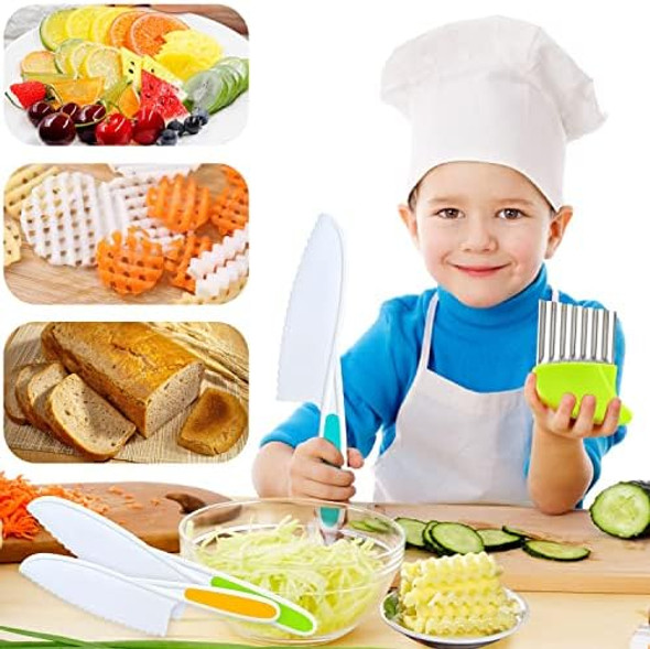 4 Pcs Kids Knife Set Kids Kitchen Knife With Crinkle Cutter Serrated Edges Plastic Toddler Chef Knife For Real Cooking & Cutting Fruit Bread