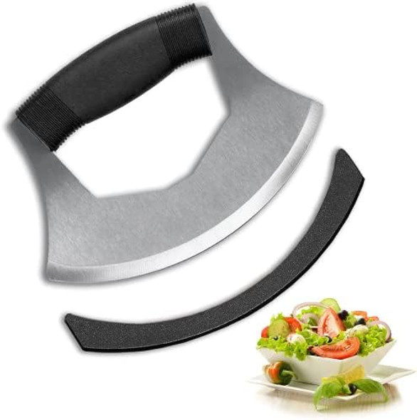 Mezzaluna Knife Salad Chopper Stainless Steel Blade With Protective Cover - Ergonomic Anti-Slip Handle Vegetable Chopper Mincing Knife For Pizza Cheese Onion Carrot Pepper Garlic Vegetable Mezzaluna Knife Salad Chopper Stainless Steel Blade With Protective Cover - Ergonomic Anti-Slip Handle Vegetable Chopper Mincing Knife For Pizza Cheese Onion Carrot Pepper Garlic Vegetable