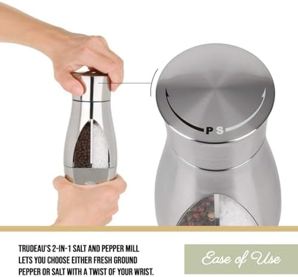 Trudeau Stainless Steel Manual 2-In-1 Salt And Pepper Mill - 7.5-Inch Space-Saving Grinder With Durable Carbon Steel Pepper Grinder And Rust-Proof Ceramic Salt Grinder - Adjustable Grind Settings