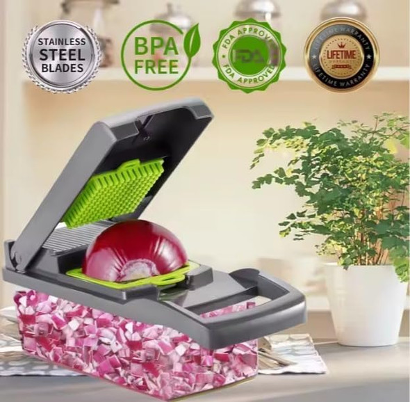 Vegetable Chopper And Slicer 15-In-1 Manual Food Dicer With Container Stainless Steel Blades Gray And Green Vegetable Chopper And Slicer 15-In-1 Manual Food Dicer With Container Stainless Steel Blades Gray And Green