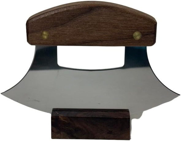 The Ulu Factory Alaska American Walnut Ulu Knife 6" Stainless Steel Blade With Block Wood Stand Moose Head