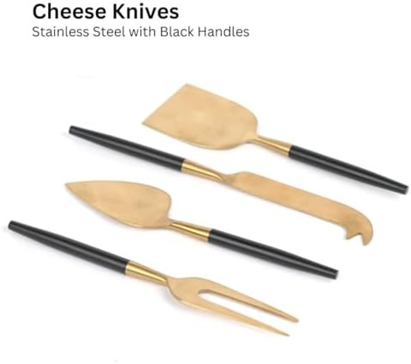 Black Handle Gold Heads Stainless Steel 4-Piece Cheese Knives Set Cheese Spreader Slicer Prongs Fork Cheese Knives For Charcuterie Board Accessories (Gold)