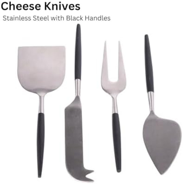 Radiant Black Handle Silver Heads Stainless Steel 4-Piece Cheese Knives Set Cheese Spreader Slicer Prongs Fork Cheese Knives For Charcuterie Board Accessories