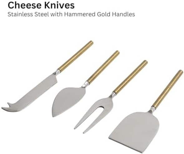 Hammered Gold Handles Stainless Steel 4-Piece Cheese Knives Set Cheese Spreader Slicer Prongs Fork Cheese Knives For Charcuterie Board Accessories (Gold)