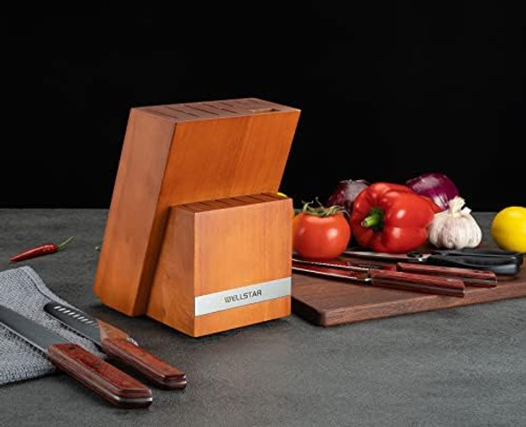 14 Slot Kitchen Knives Block Wellstar Natural Wood Knife Holder Without Knives – Hard Wood Countertop Knife Storage – Brown
