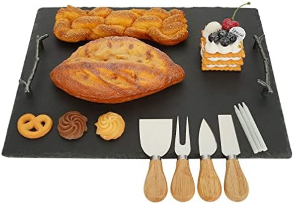 1 Pcs 16 X 12 Inch Slate Cheese Board Large Slate Board Set Slate Charcuterie Boards With Handles Slate Serving Platter Slate Cheese Tray Serving Tray With 4 Knives Forks And Talcum Pencils 1 Pcs 16 X 12 Inch Slate Cheese Board Large Slate Board Set Slate Charcuterie Boards With Handles Slate Serving Platter Slate Cheese Tray Serving Tray With 4 Knives Forks And Talcum Pencils